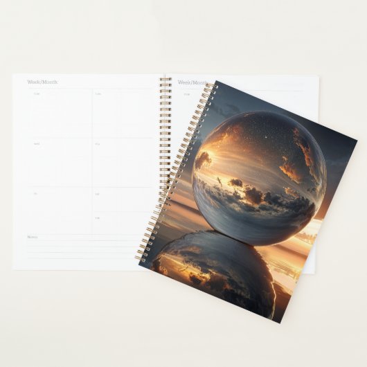 Surreal Reflective Sphere With Sunset Clouds Over  Planner (Display)