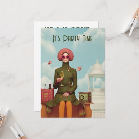 Surreal Retro Mod Invitation de la Fille (Devant/Arrière en situation)