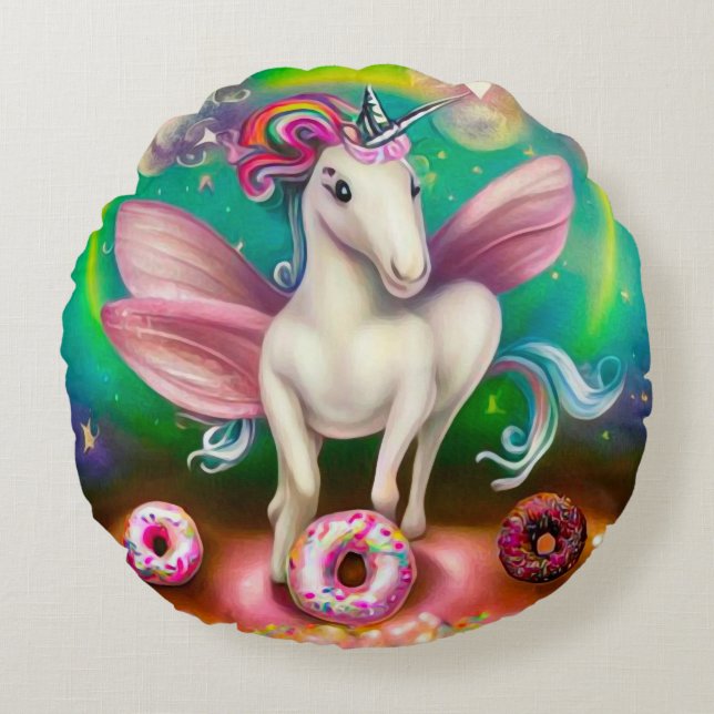 Surreal roze Donuts Unicorn Rond Kussen (Voorkant)