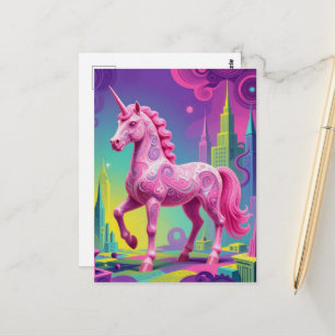 Surreal roze eenhoorn in een stad briefkaart