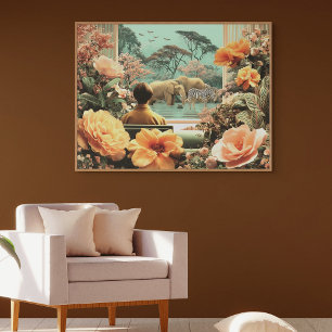 Surreal safarischerm met olifanten zebra's canvas afdruk