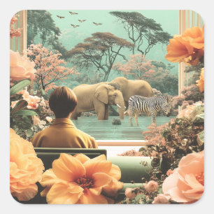 Surreal sfeerbeeld met olifanten zebra's vierkante sticker