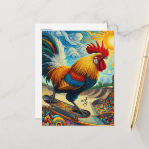 Surreal Skateboardende Haan Briefkaart