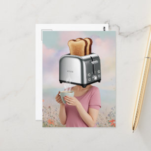 Surreal Toaster Head Ontbijt Vrouw houdt Koffie Briefkaart