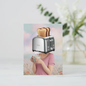 Surreal Toaster Head Ontbijt Vrouw houdt Koffie Briefkaart (Staand voorkant)