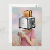 Surreal Toaster Head Ontbijt Vrouw houdt Koffie Briefkaart (Voorkant / Achterkant)