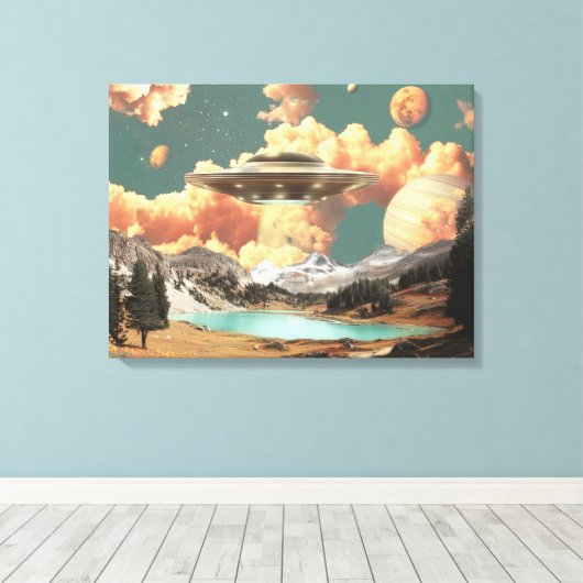 Surreal UFO Above Mountain Lake with Planets Canvas Afdruk (Insitu (Houten vloer))