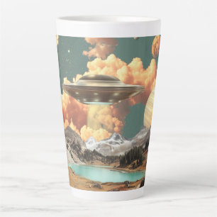 Surreal UFO boven bergmeer met planeten Latte Mok