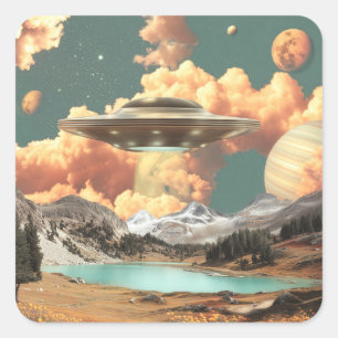 Surreal UFO boven bergmeer met planeten Vierkante Sticker