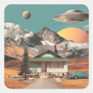 Surreal UFO boven landelijk huis Vierkante Sticker