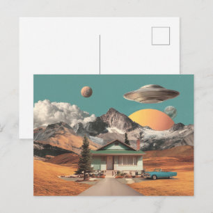 Surreal UFO boven rustieke huis Briefkaart