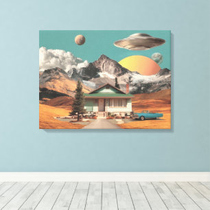 Surreal UFO boven rustieke huis Canvas Afdruk