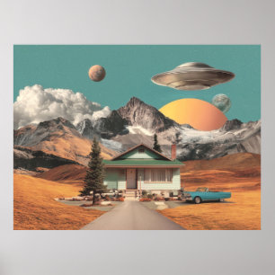Surreal UFO boven rustieke huis Poster