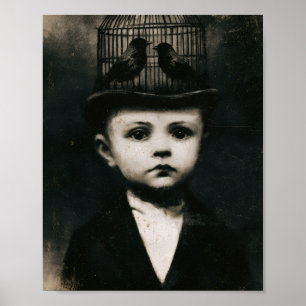 Surreal zwart-wit gekooide vogelhoed kind poster