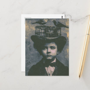 Surreal zwart-wit kooi vogel en kind retro briefkaart