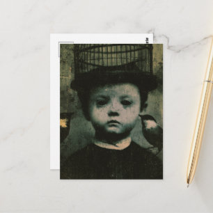 Surreal zwart-wit kooi vogel en kind retro briefkaart