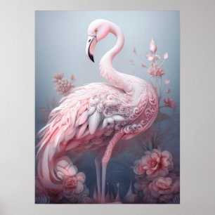  Surrealistisch Abstract Roze Flamingo op Grijs Poster