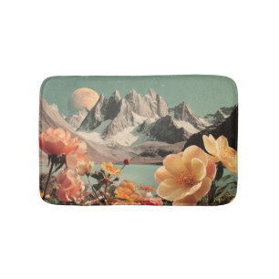 Surrealistisch berglandschap met bloeiende bloemen badmat