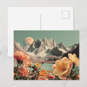 Surrealistisch berglandschap met bloeiende bloemen briefkaart