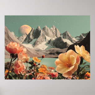 Surrealistisch berglandschap met bloeiende bloemen poster
