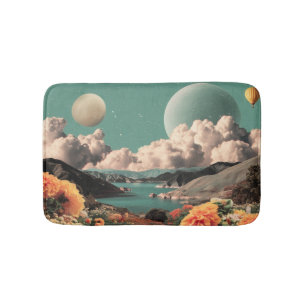 Surrealistisch berglandschap met planeten en wolke badmat