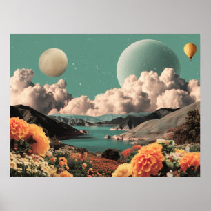 Surrealistisch berglandschap met planeten en wolke poster