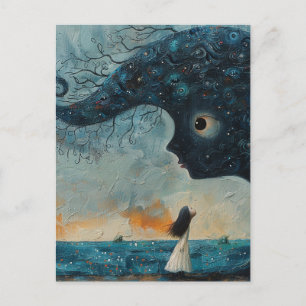 Surrealistisch blauw gezicht en een meisje briefkaart