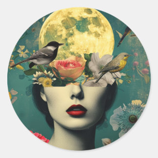 Surréalistisch bloemportret van de maan ronde sticker