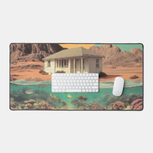 Surrealistisch huis in de woestijn met onderwater  bureaumat