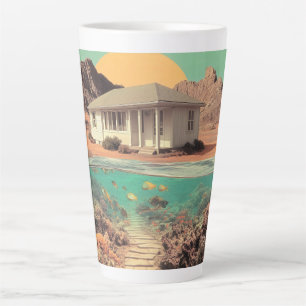 Surrealistisch huis in de woestijn met onderwater  latte mok