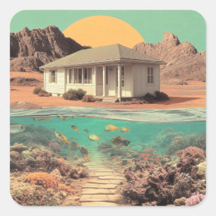 Surrealistisch huis in de woestijn met onderwater  vierkante sticker