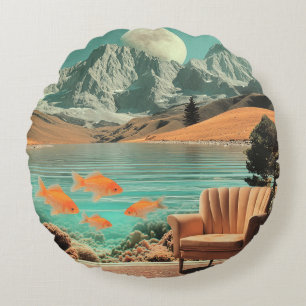 Surrealistisch interieur met vis en maanverlicht l rond kussen
