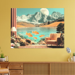 Surrealistisch interieur met vissen en maanverlich canvas afdruk