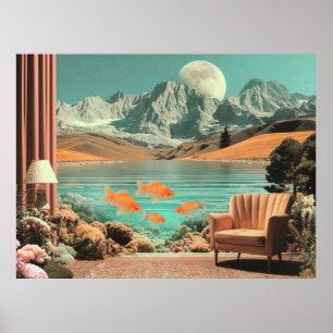 Surrealistisch interieur met vissen en maanverlich poster