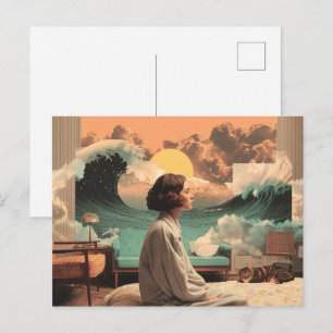 Surrealistisch interieur met vrouw en kat briefkaart
