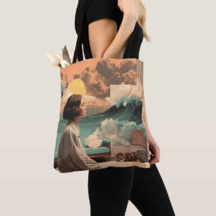 Surrealistisch interieur met vrouw en kat draagtas