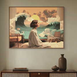 Surrealistisch interieur met vrouw en kat poster