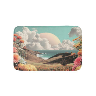 Surrealistisch kustlandschap met bloemen en wolken badmat