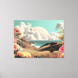 Surrealistisch kustlandschap met bloemen en wolken canvas afdruk