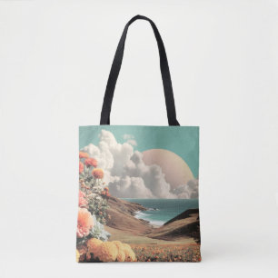 Surrealistisch kustlandschap met bloemen en wolken draagtas