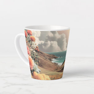 Surrealistisch kustlandschap met bloemen en wolken latte mok