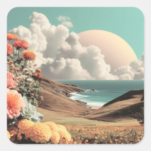 Surrealistisch kustlandschap met bloemen en wolken vierkante sticker