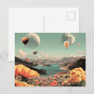 Surrealistisch landschap met luchtballonnen en maa briefkaart