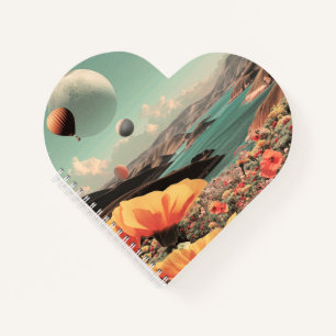Surrealistisch landschap met luchtballonnen en maa notitieboek