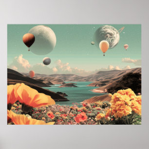 Surrealistisch landschap met luchtballonnen en maa poster
