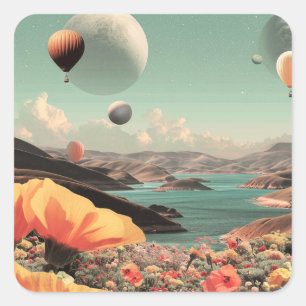 Surrealistisch landschap met luchtballonnen en maa vierkante sticker