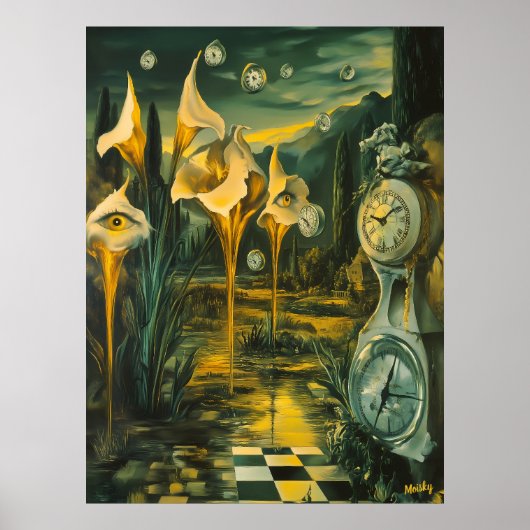 Surrealistisch landschap met smeltende klokken en poster (Voorkant)