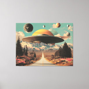 Surrealistisch landschap met weg, UFO en Saturnus Canvas Afdruk