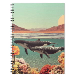 Surrealistisch oceaan scène met walvissen en koraa notitieboek