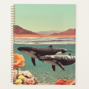 Surrealistisch oceaan scène met walvissen en koraa planner